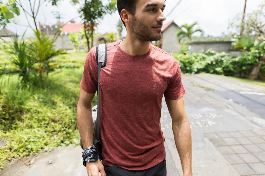 Men's Travel Trekking Merino Wool T-shirt - TRAVEL 100, Yellow Ochre, 5401_000, medium