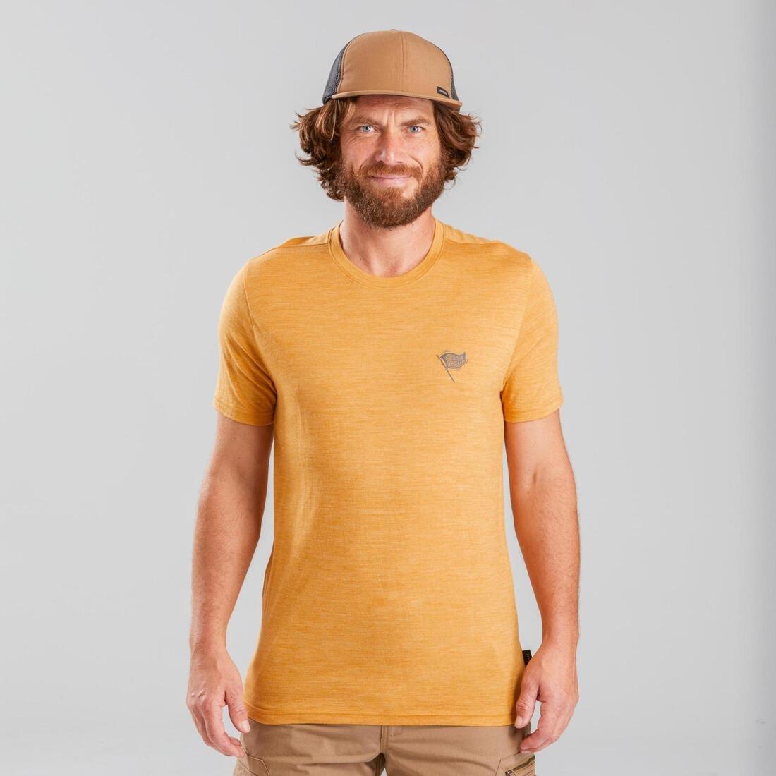 Men's Travel Trekking Merino Wool T-shirt - TRAVEL 100, Yellow Ochre, 5401_000, medium