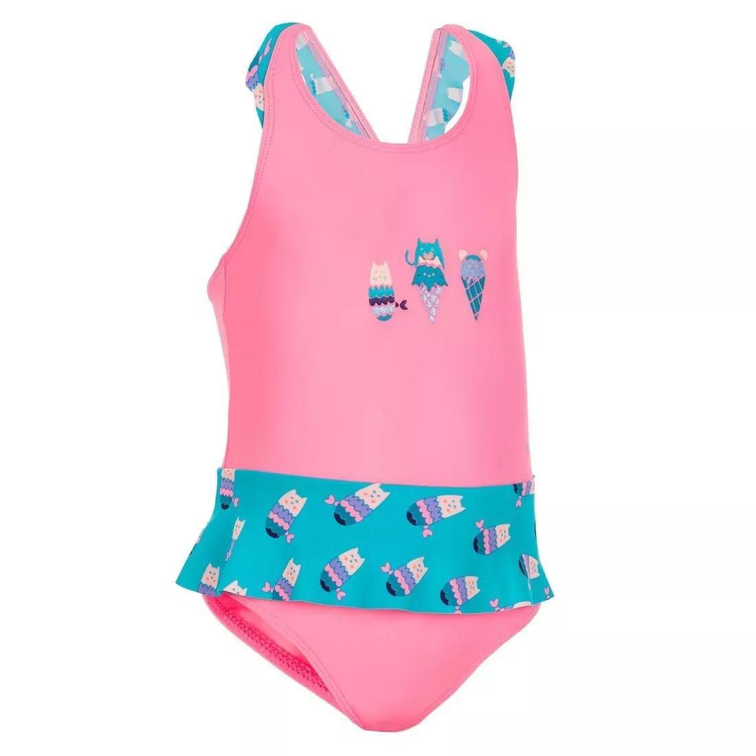 FLUO BUBBLEGUM PINK Baby Girl's 1-Piece Miniskirt Swimsuit  Pink and Blue Print, , large image number 0