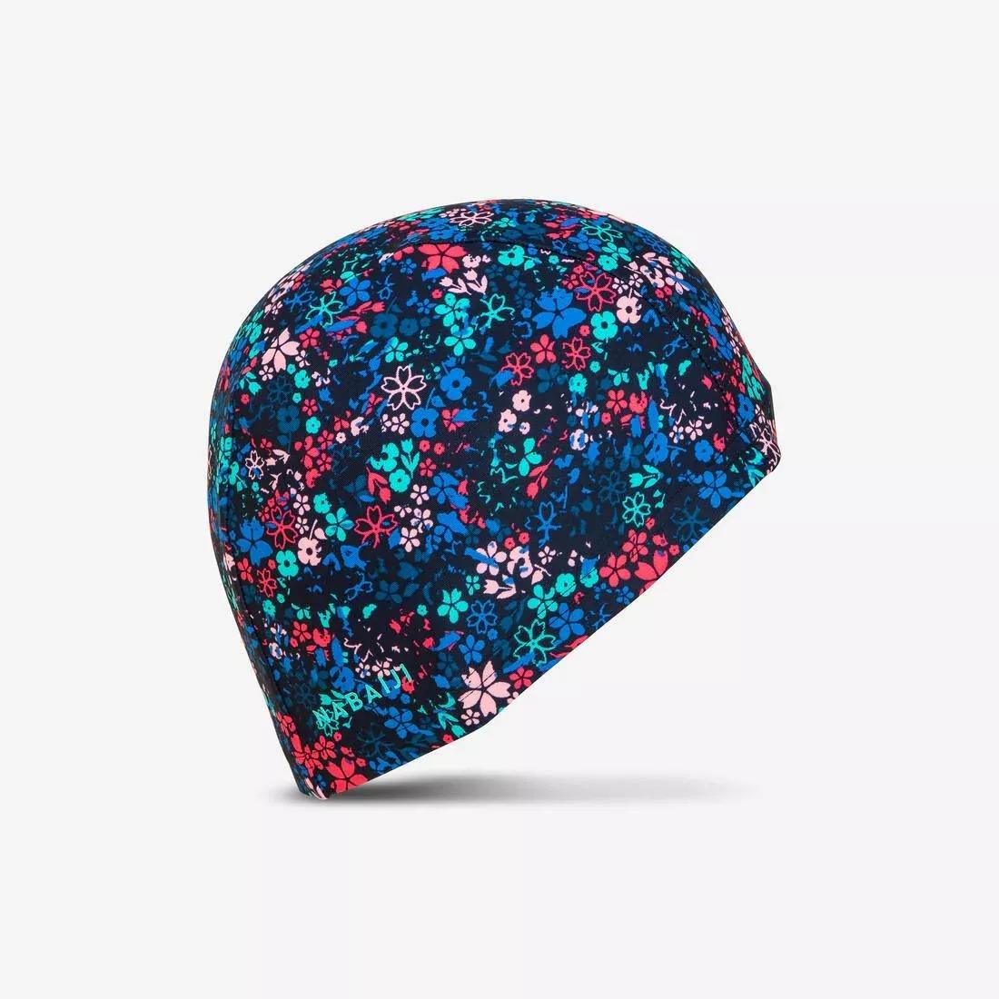 Women Mesh Swim Cap - Printed Fabric Tiki, Navy, , medium