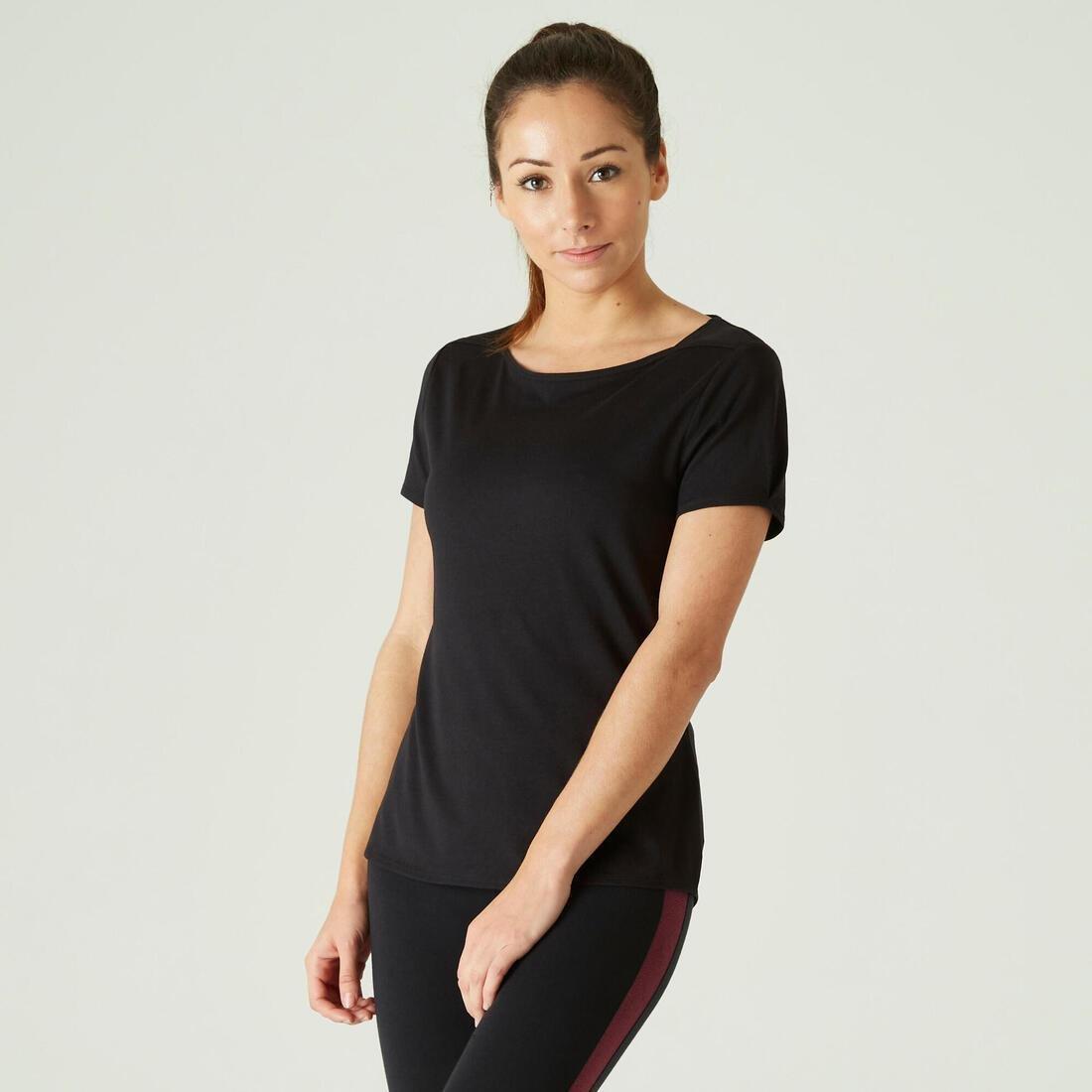 Boat Neck Stretch Cotton Fitness T-Shirt, Black, , large image number 0