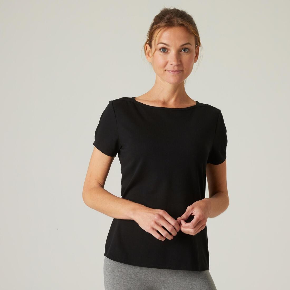 Boat Neck Stretch Cotton Fitness T-Shirt, Black, , large image number 1