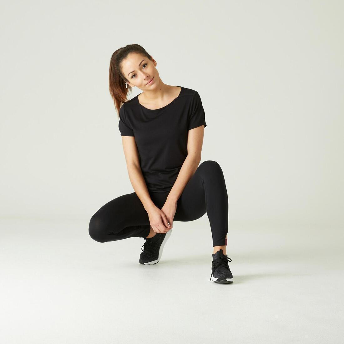 Boat Neck Stretch Cotton Fitness T-Shirt, Black, , large image number 2