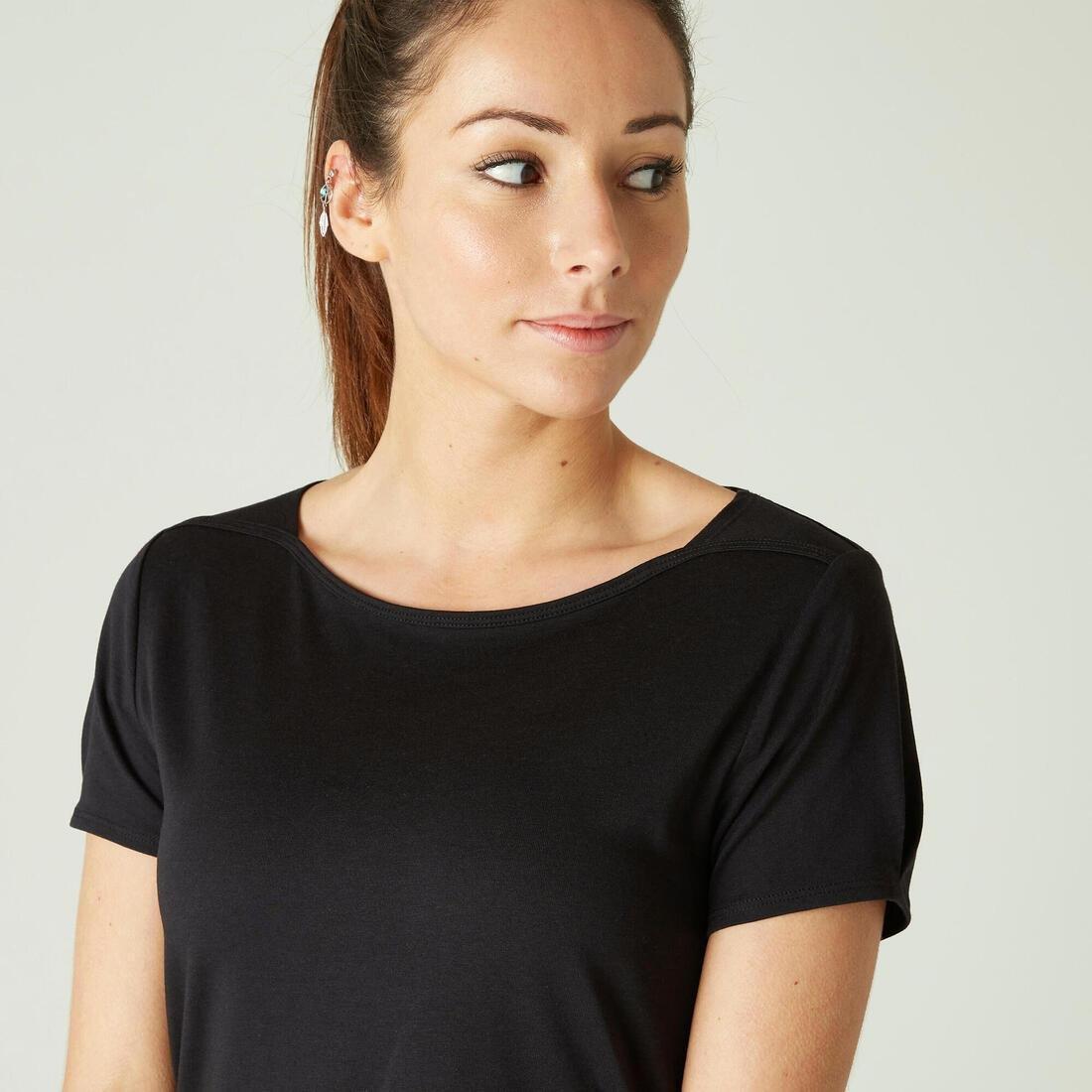 Boat Neck Stretch Cotton Fitness T-Shirt, Black, , large image number 9
