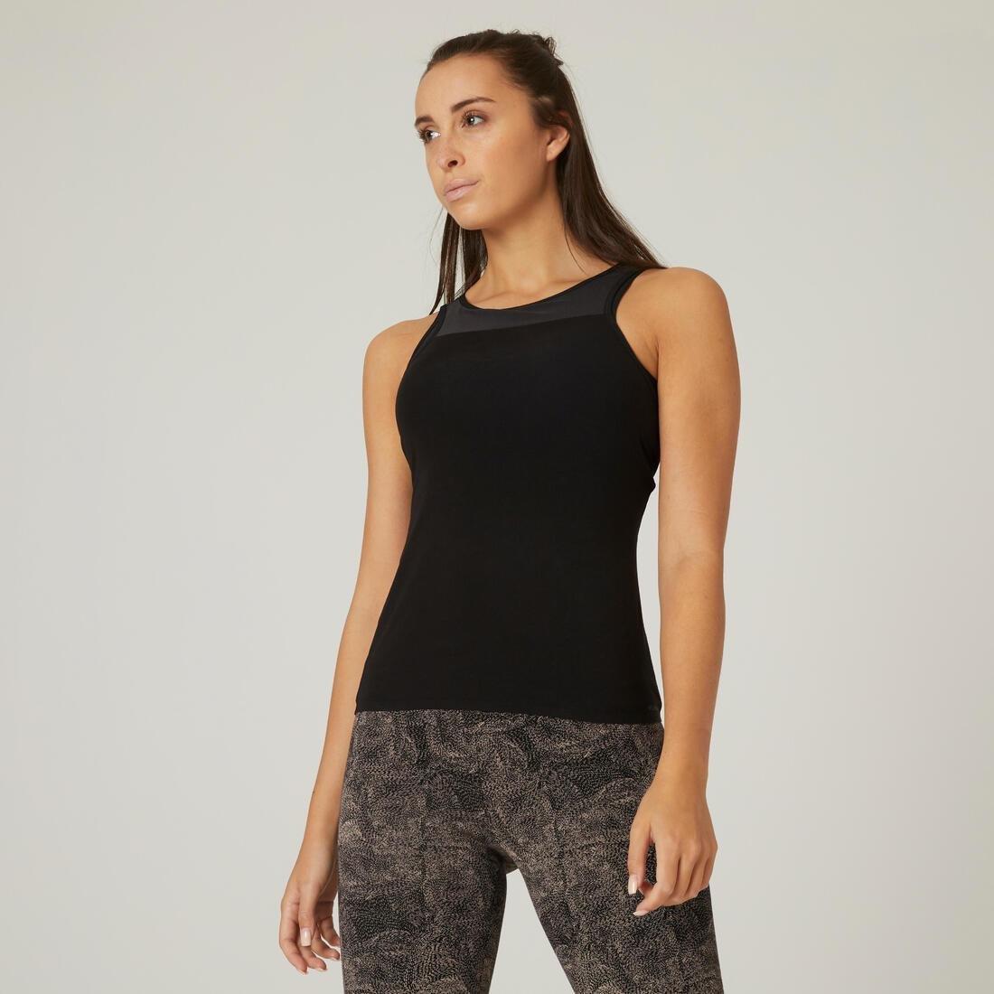 Stretchy Cotton Fitness Tank Top With Built-In Bra, Black, No Color, large image number 0