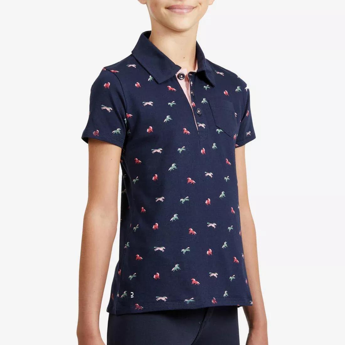 Girls Horse Riding Short-Sleeved Polo Shirt 140 - Navy/Pink Designs, Asphalt Blue, No Color, medium