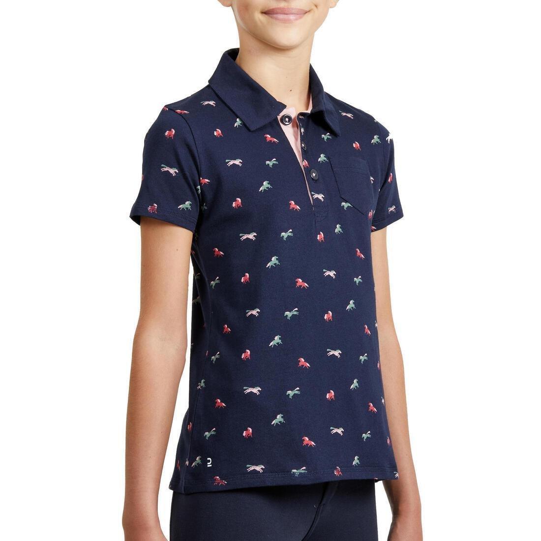 FOUGANZA - Girls Horse Riding Short-Sleeved Polo Shirt 140 - Navy/Pink Designs, Asphalt Blue