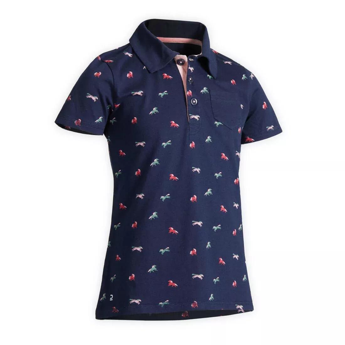 FOUGANZA - Girls Horse Riding Short-Sleeved Polo Shirt 140 - Navy/Pink Designs, Asphalt Blue