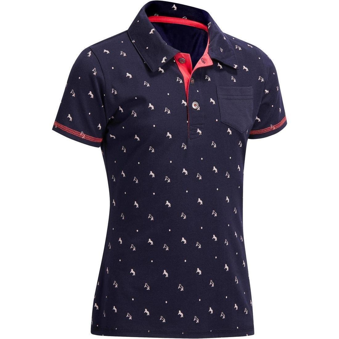 FOUGANZA - Girls Horse Riding Short-Sleeved Polo Shirt 140 - Navy/Pink Designs, Asphalt Blue