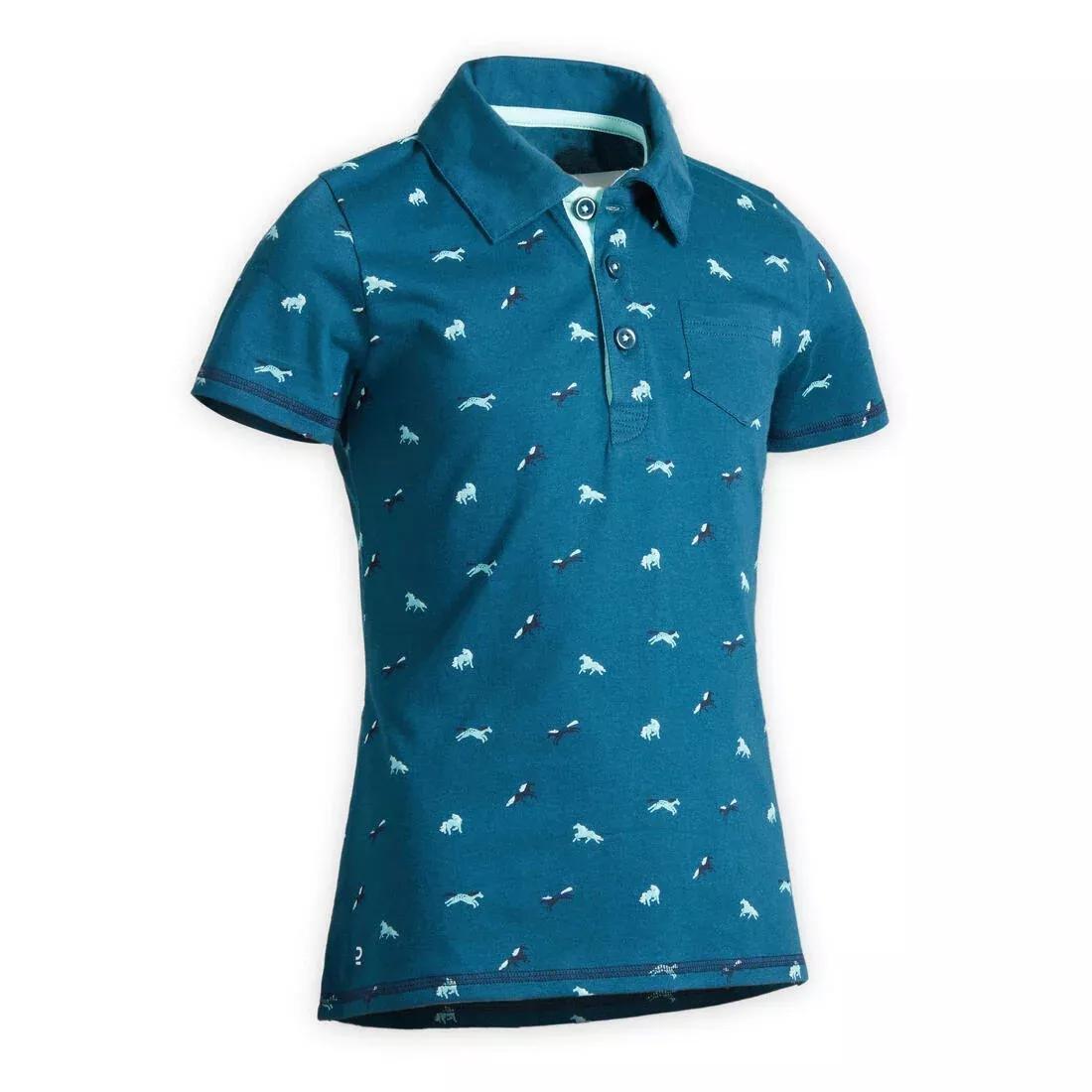 Kids Girls Horse Riding Short-Sleeved Polo Shirt - 140, Blue, , large image number 0