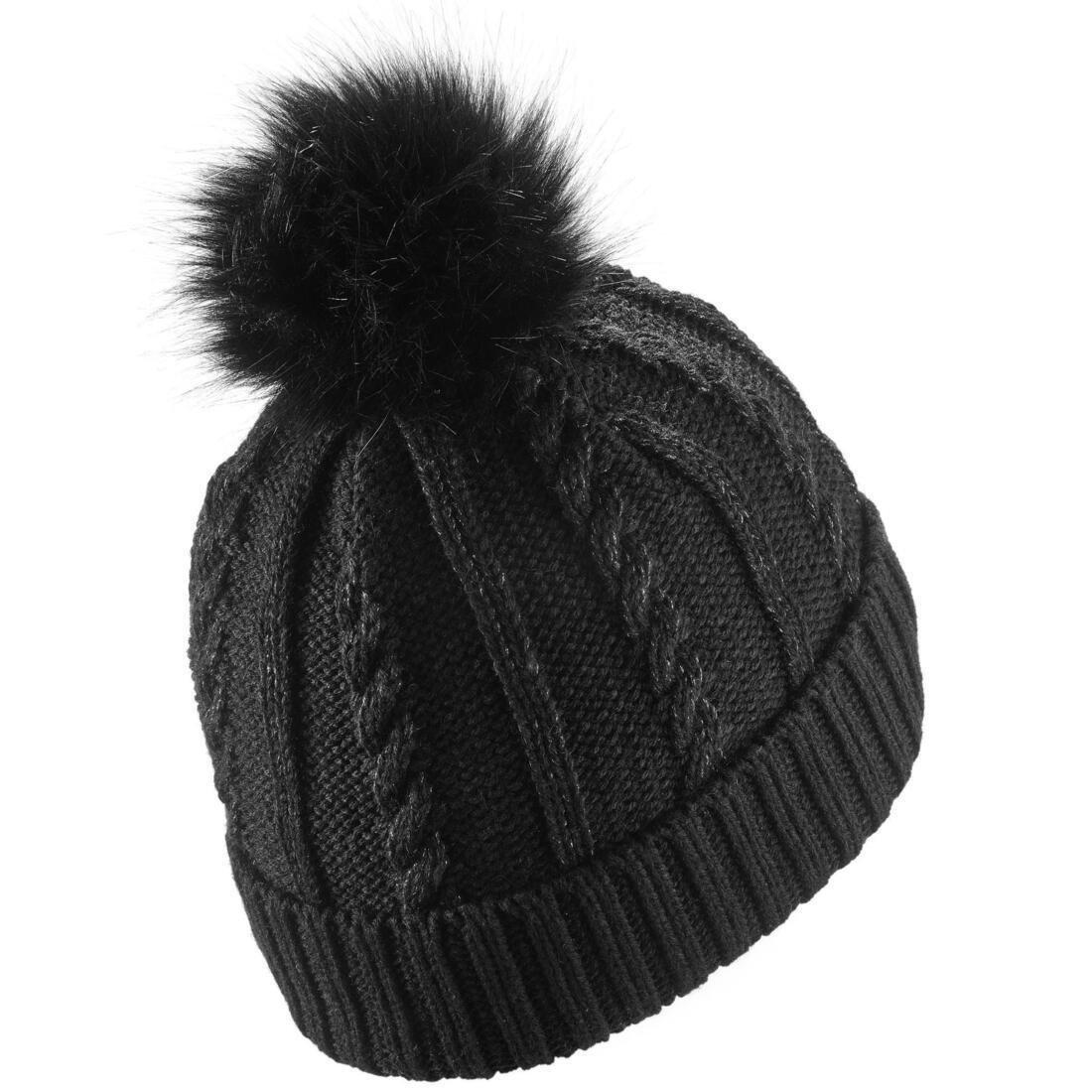 Unisex Ski Hat Fur Cable-Knit, Black, No Color, large image number 1