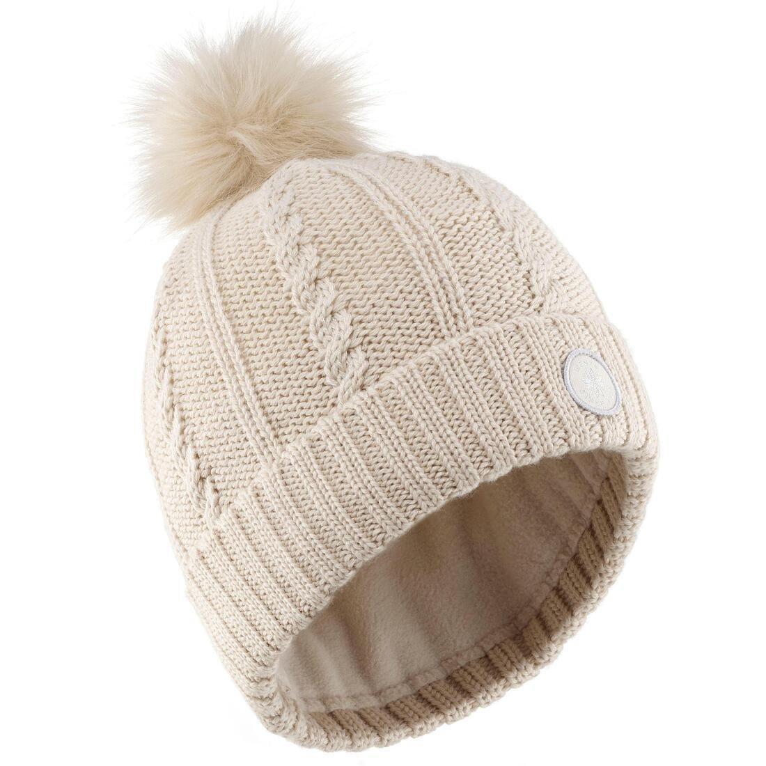 Women Cable-Knit Fur Wool Ski Hat, Black, , medium