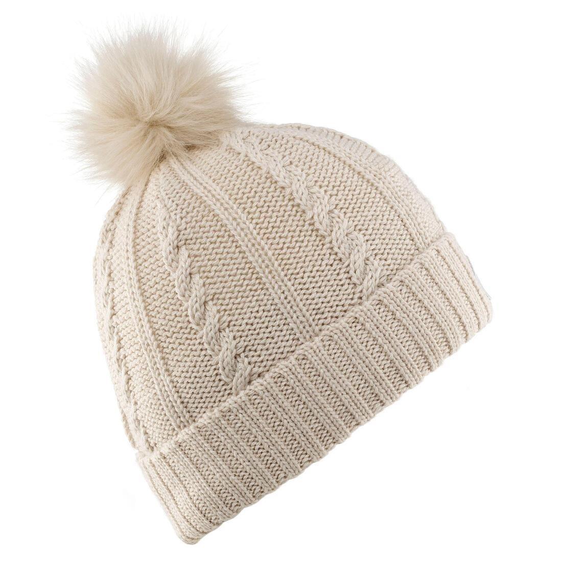 Women Cable-Knit Fur Wool Ski Hat, Black, No Color, large image number 4