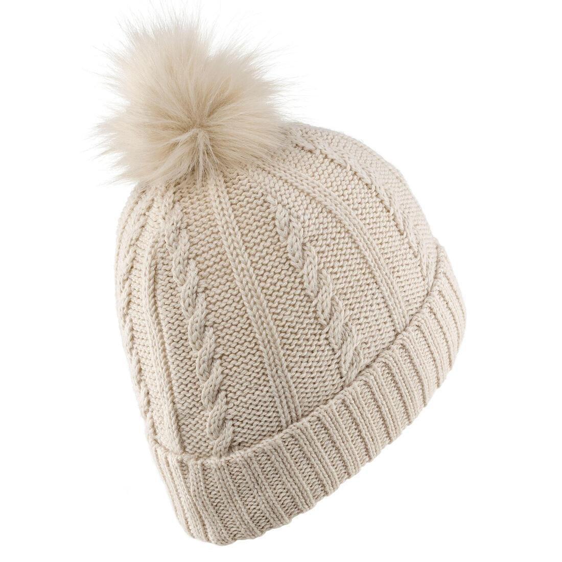 Women Cable-Knit Fur Wool Ski Hat, Black, No Color, large image number 5