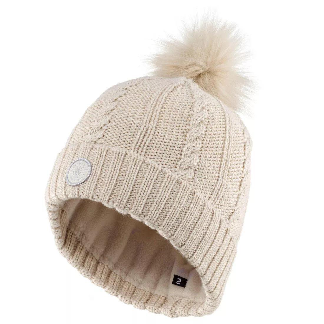 Women Cable-Knit Fur Wool Ski Hat, Black, No Color, large image number 6