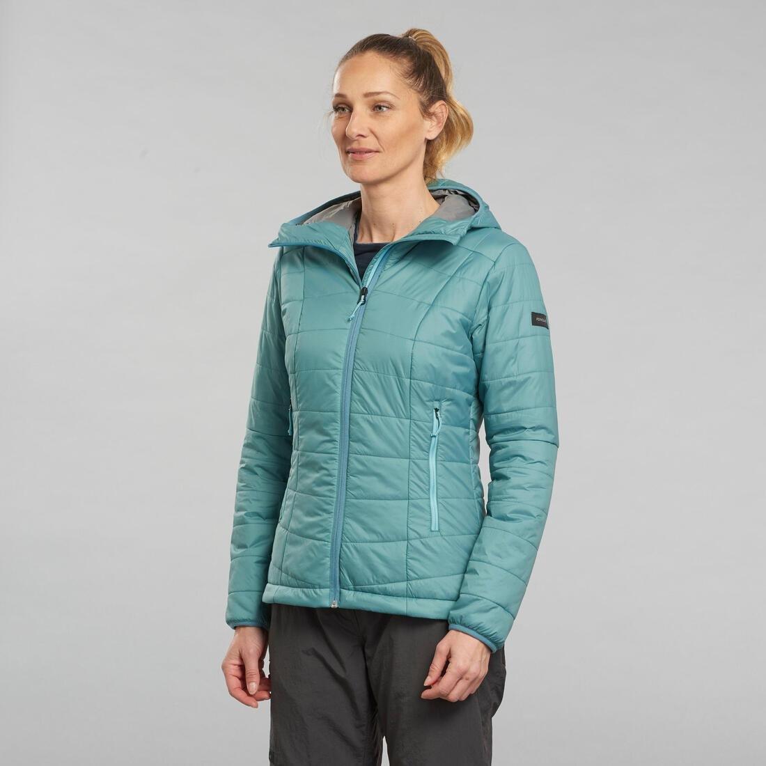 BLUE GREY Women's synthetic trekking padded jacket with hood, MT100, No Color, medium