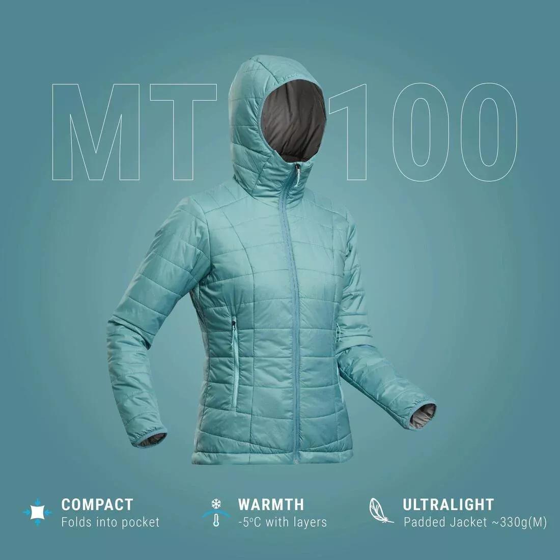 BLUE GREY Women's synthetic trekking padded jacket with hood, MT100, No Color, large image number 5