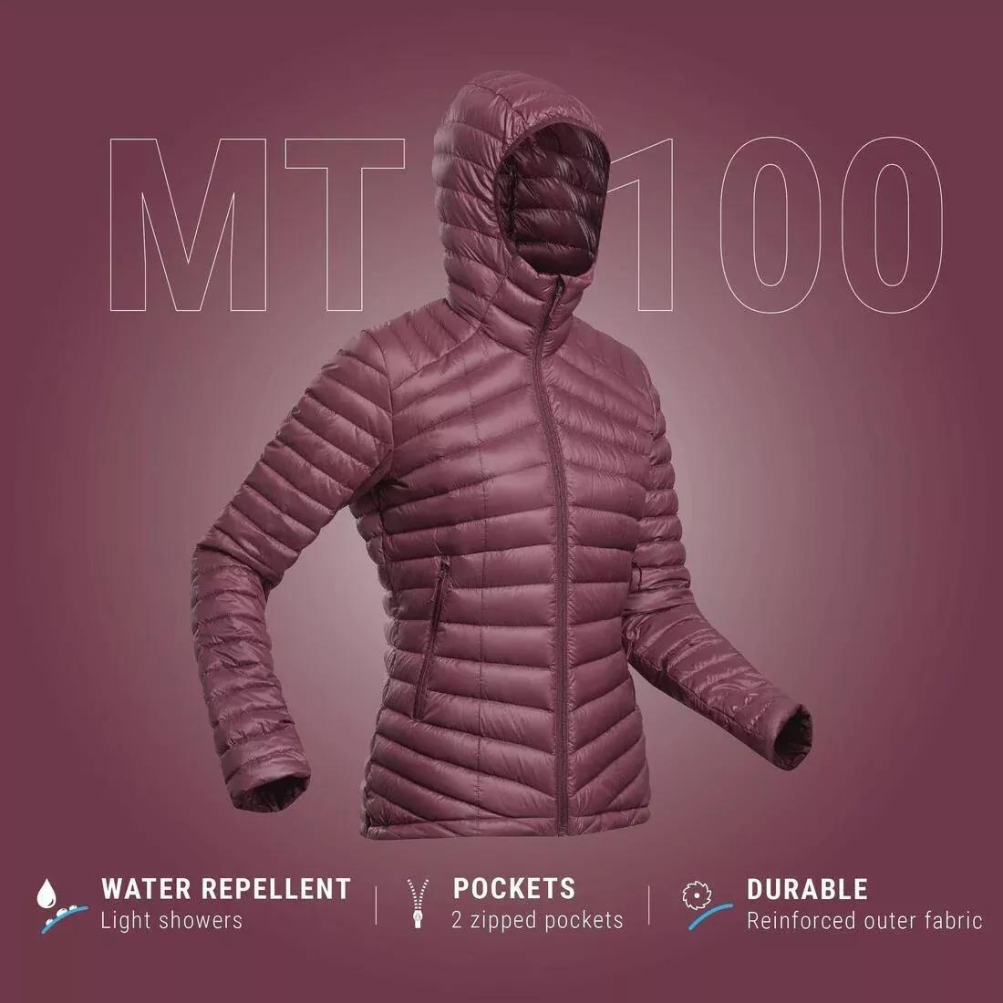 Women Mountain Trekking Hooded Down Jacket - MT100 -5C, Burgundy, No Color, medium
