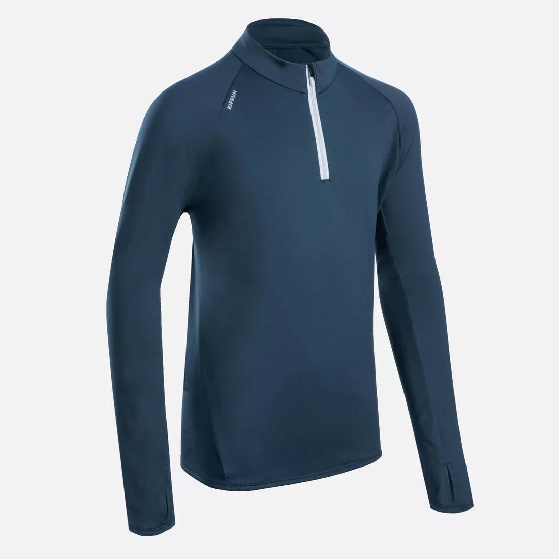 NAVY BLUE Kids' KIPRUN WARM 100 long-sleeved running T-shirt 1/2 zip warm, , medium