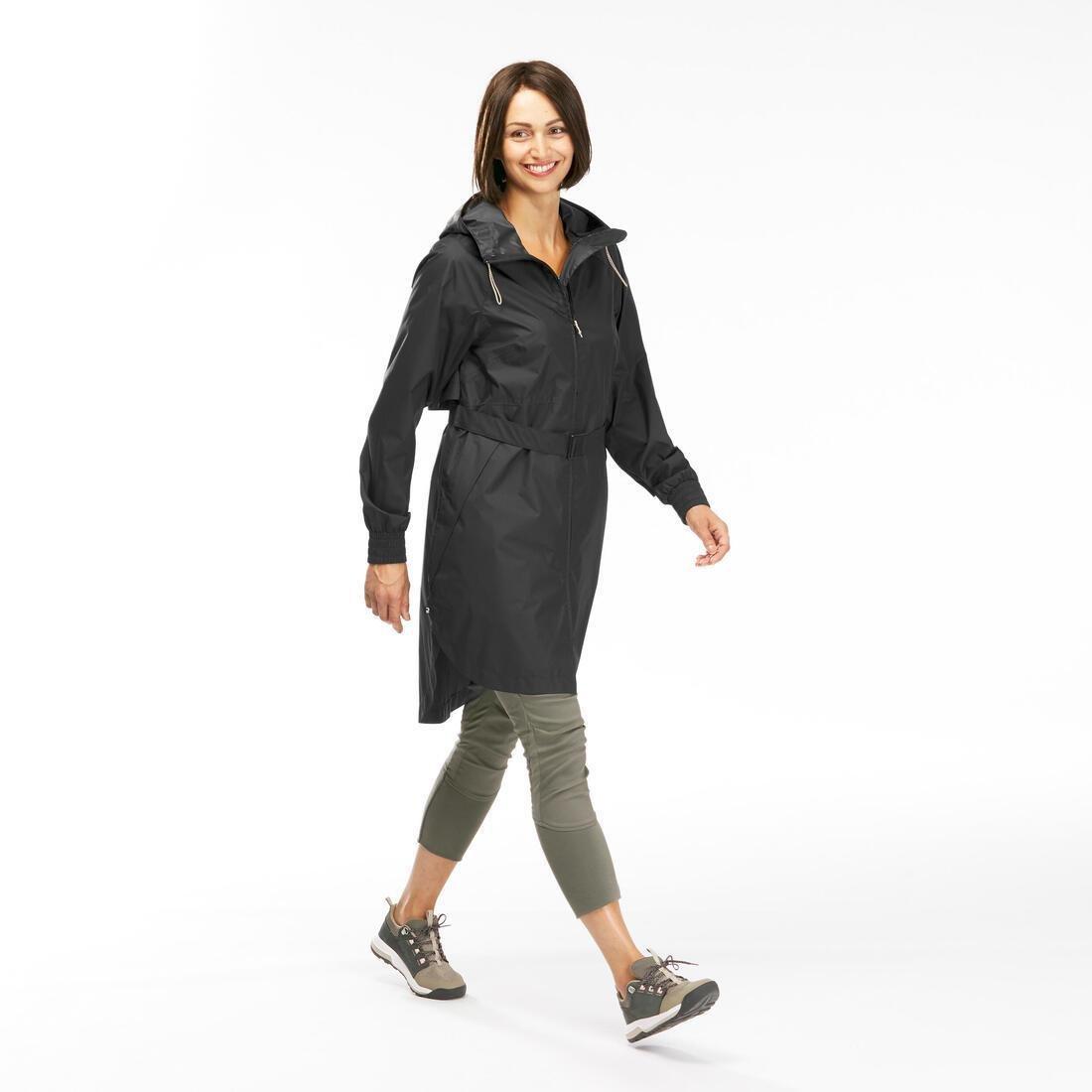 BLACK Women's Long Waterproof Hiking Jacket - Raincut Long, No Color, medium