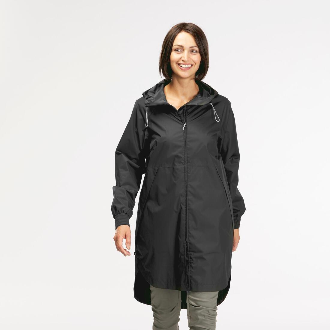 QUECHUA - Women's Long Waterproof Hiking Jacket - Raincut Long, BLACK