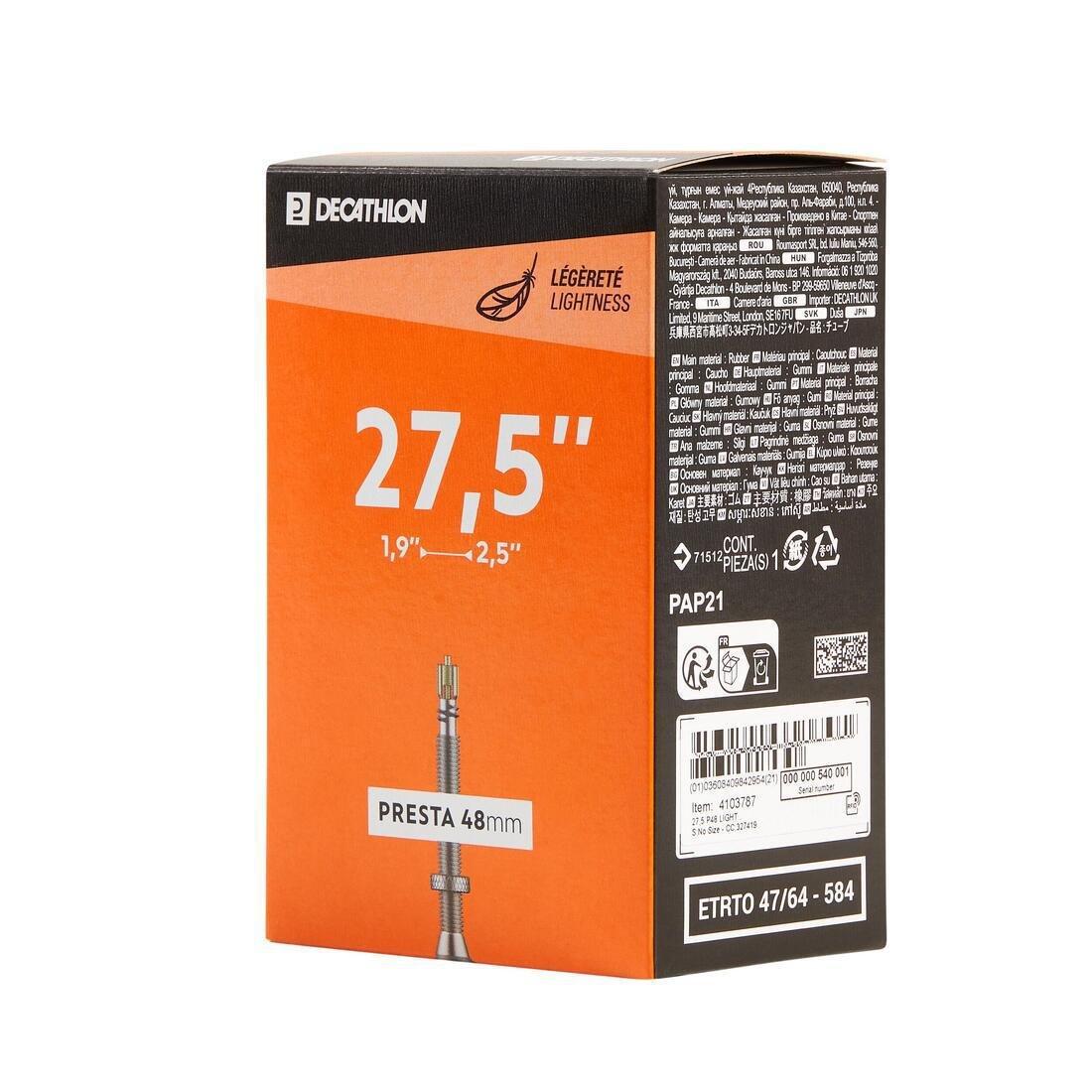 Mountain Bike Inner Tube 27.5X1.9-2.5 Presta 48 Light, No Color, large image number 1