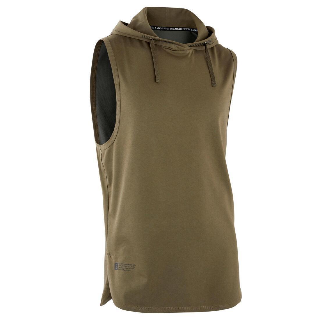 DOMYOS - Weight Training Sleeveless Hooded T-Shirt, Deep Khaki