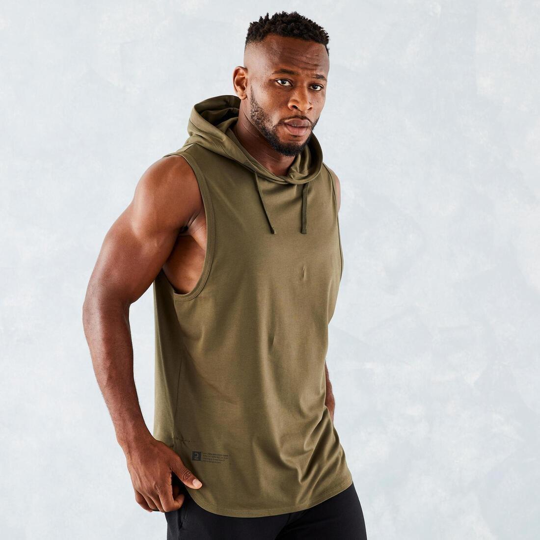 DOMYOS - Weight Training Sleeveless Hooded T-Shirt, Deep Khaki