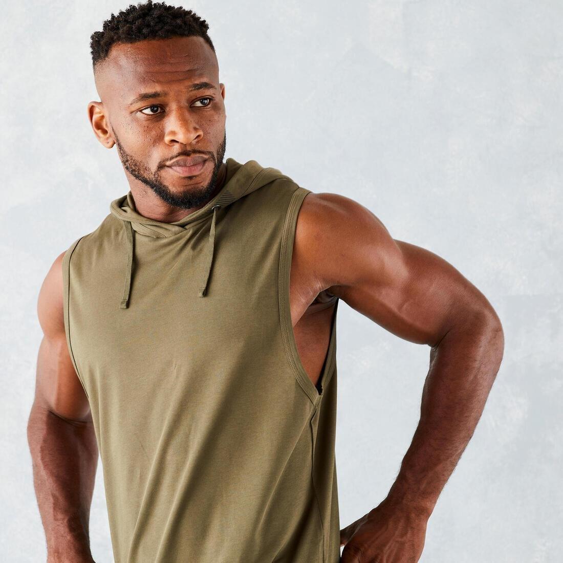 Weight Training Sleeveless Hooded T-Shirt, Deep Khaki, , large image number 2