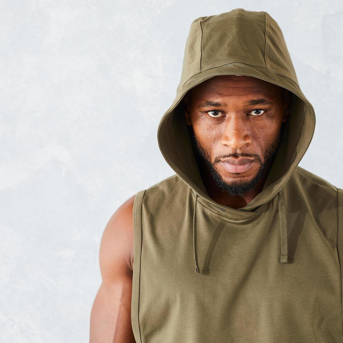 Weight Training Sleeveless Hooded T-Shirt, Deep Khaki, , large image number 3