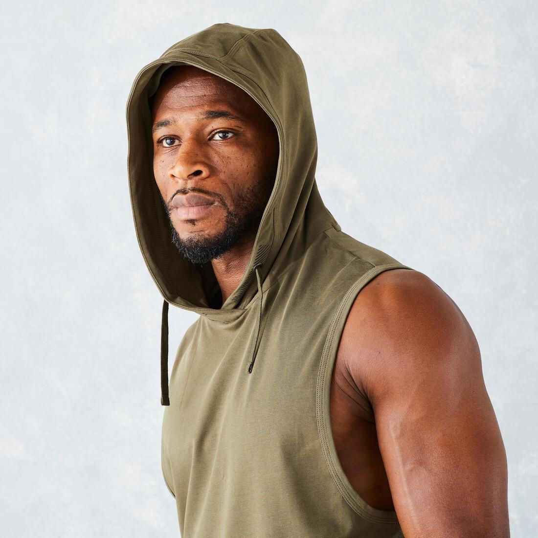 DOMYOS - Weight Training Sleeveless Hooded T-Shirt, Deep Khaki