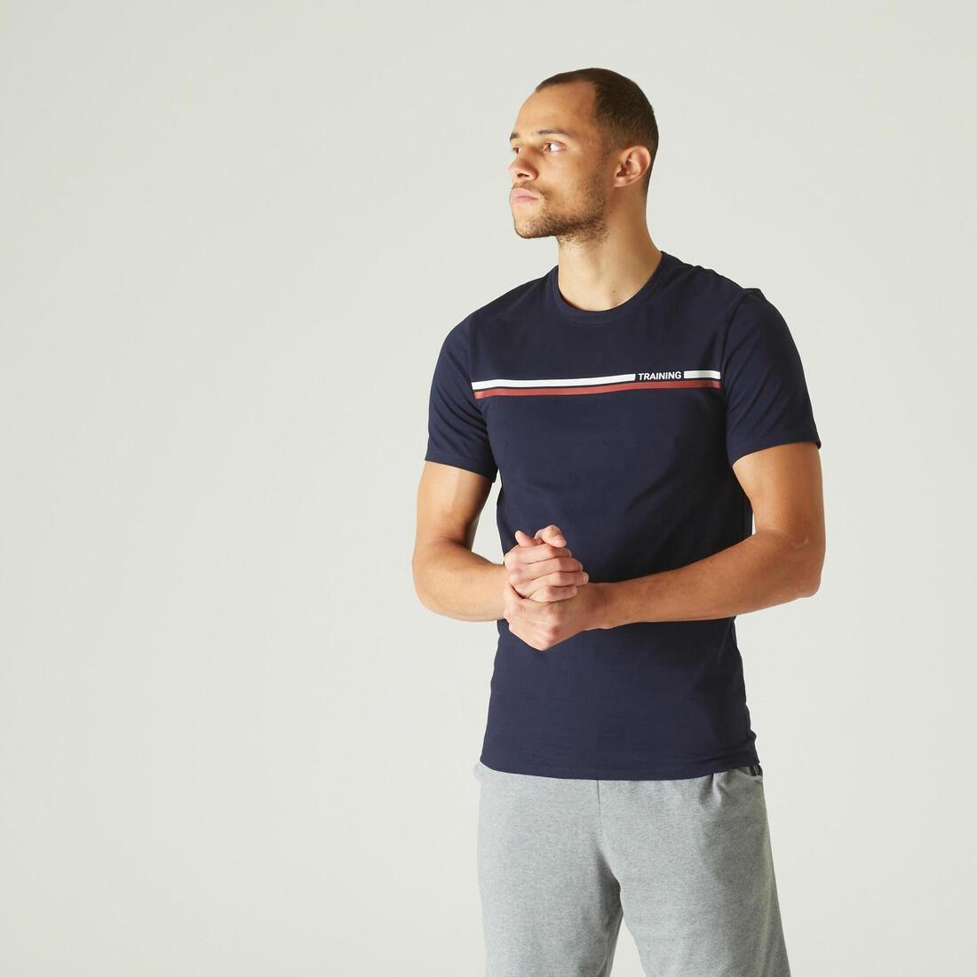 Slim-Fit Stretch Cotton Fitness T-Shirt, Asphalt Blue, No Color, large image number 0