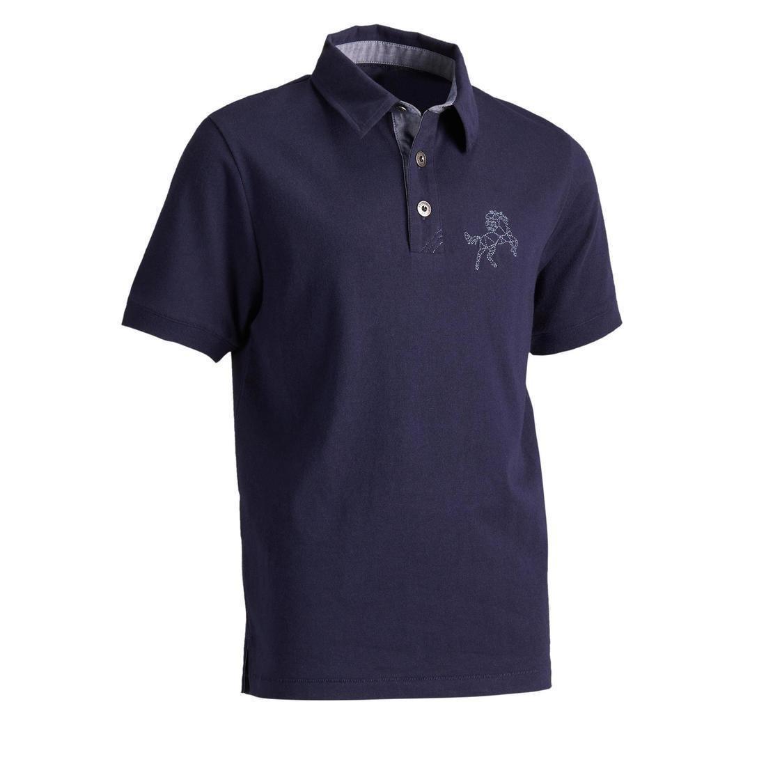 140 Boys' Horse Riding Short-Sleeved Polo Shirt, Asphalt Blue, No Color, large image number 0