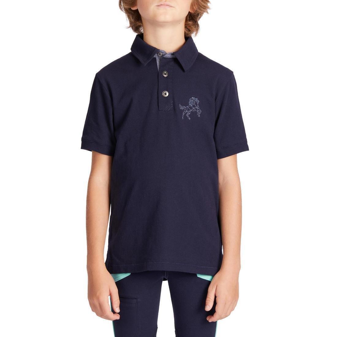 140 Boys' Horse Riding Short-Sleeved Polo Shirt, Asphalt Blue, No Color, large image number 3