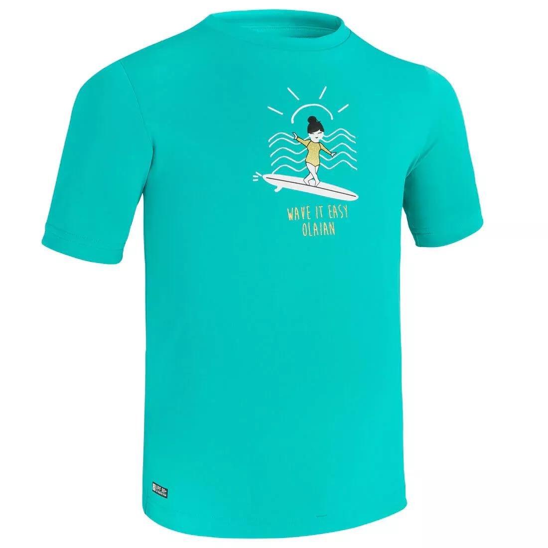 Kids Surfing Anti-V Printed Water T-Shirt, Caribbean Blue, , large image number 0