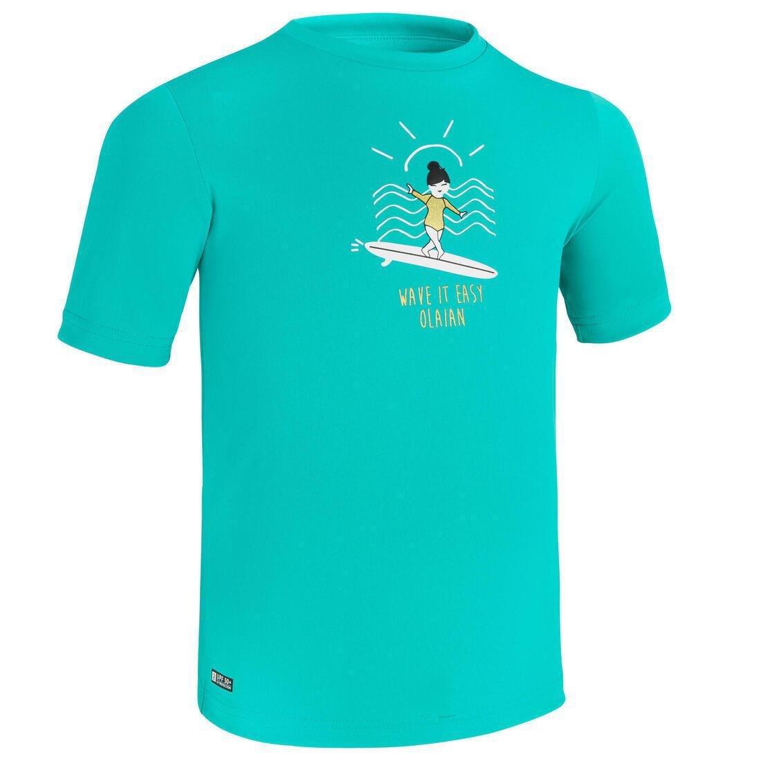 Kids Surfing Anti-V Printed Water T-Shirt, Caribbean Blue, , large image number 1