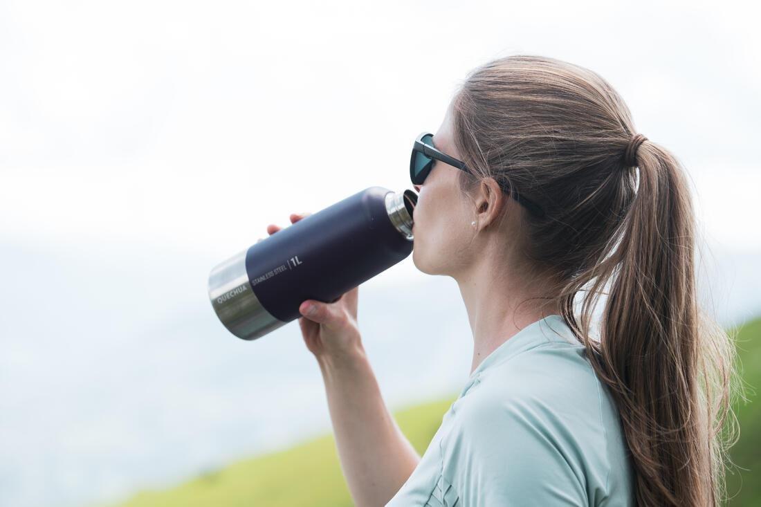 Hiking Stainless Steel Water Bottle With Screw Top Mh100 1L, Blue, No Color, large image number 3