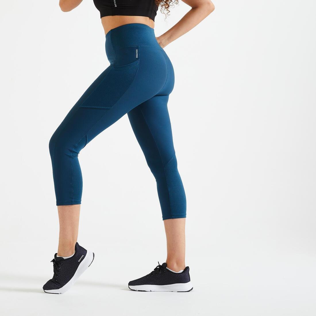 DOMYOS - Short Fitness Leggings With Phone Pocket, Dark Petrol Blue