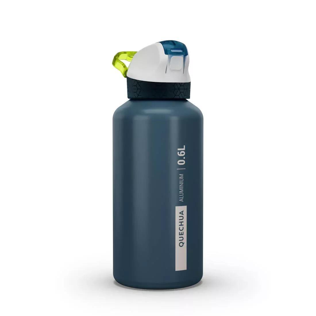 QUECHUA - Aluminium Hiking Water Bottle 900 Instant Cap With Straw 0.6 Litre, Blue