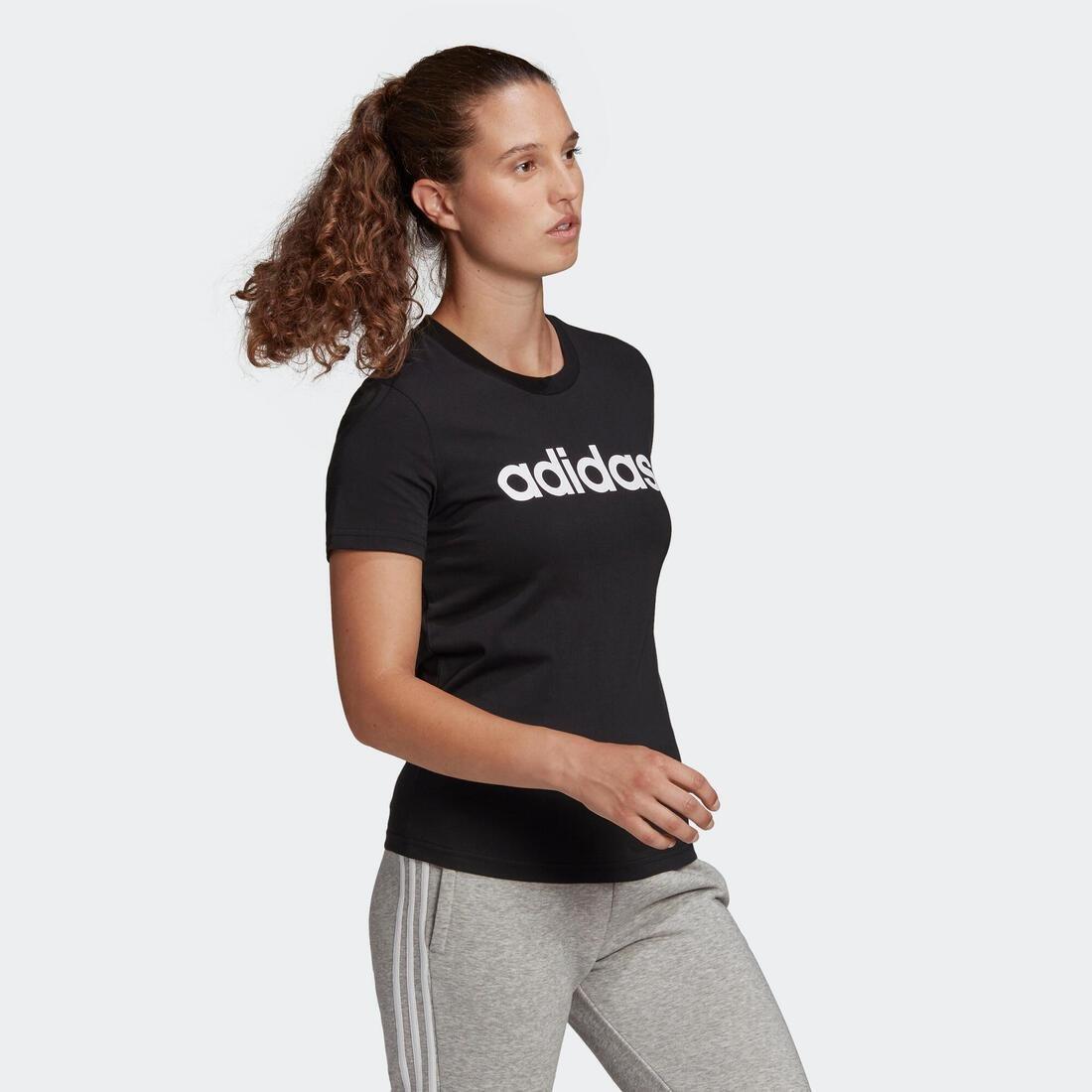 Women Linear Cotton Fitness T-Shirt, Black, , large image number 1