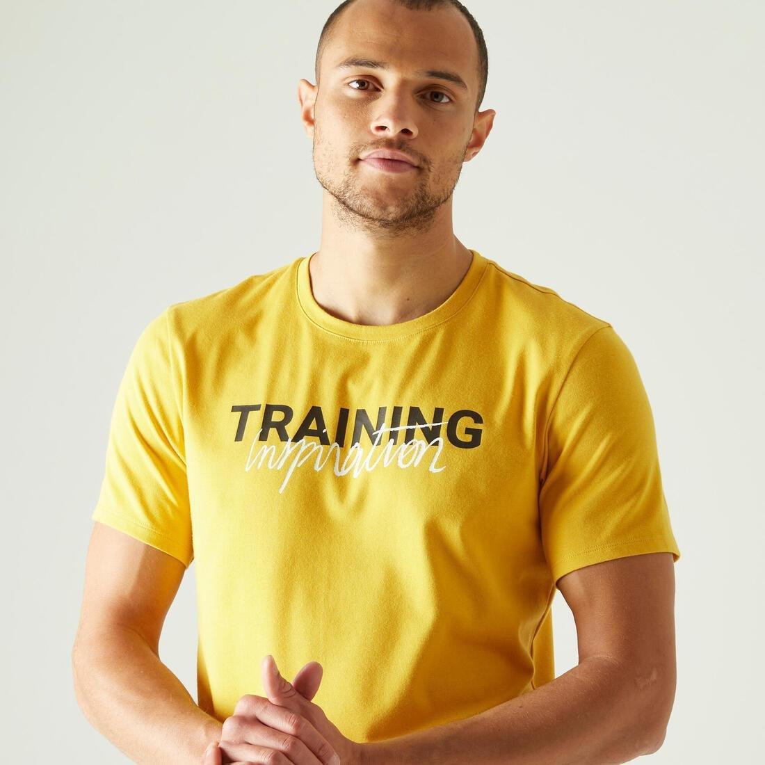 HONEY YELLOW Men's Short-Sleeved Straight-Cut Crew Neck Cotton Fitness T-Shirt 500, No Color, large image number 4