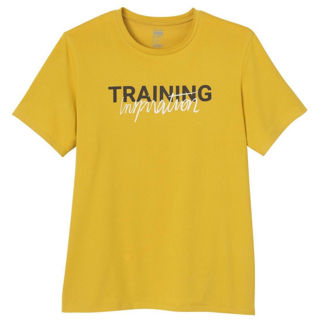 HONEY YELLOW Men's Short-Sleeved Straight-Cut Crew Neck Cotton Fitness T-Shirt 500, No Color, large image number 5