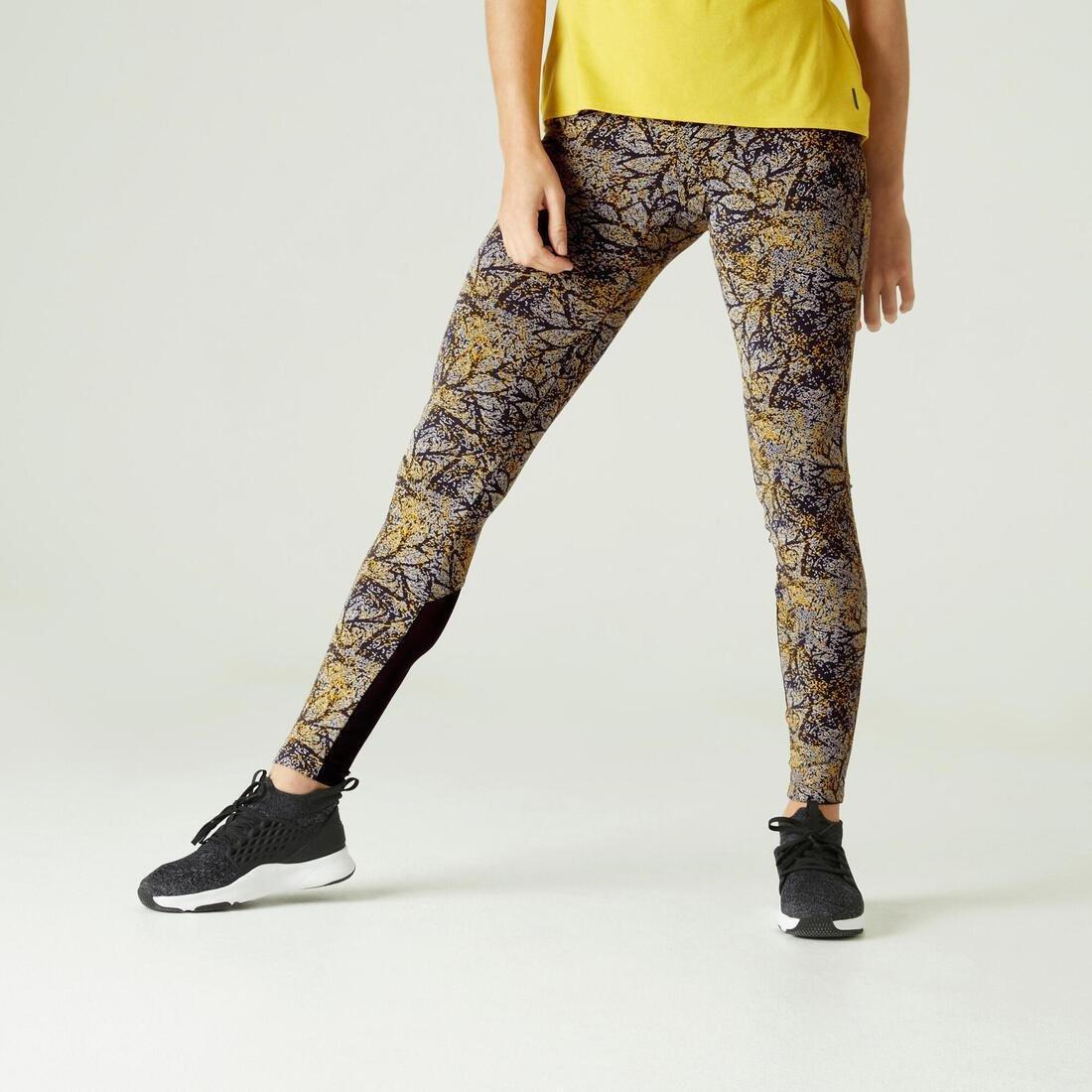High-Waisted Stretch Cotton Fitness Leggings With Mesh Print, Yellow, No Color, large image number 0