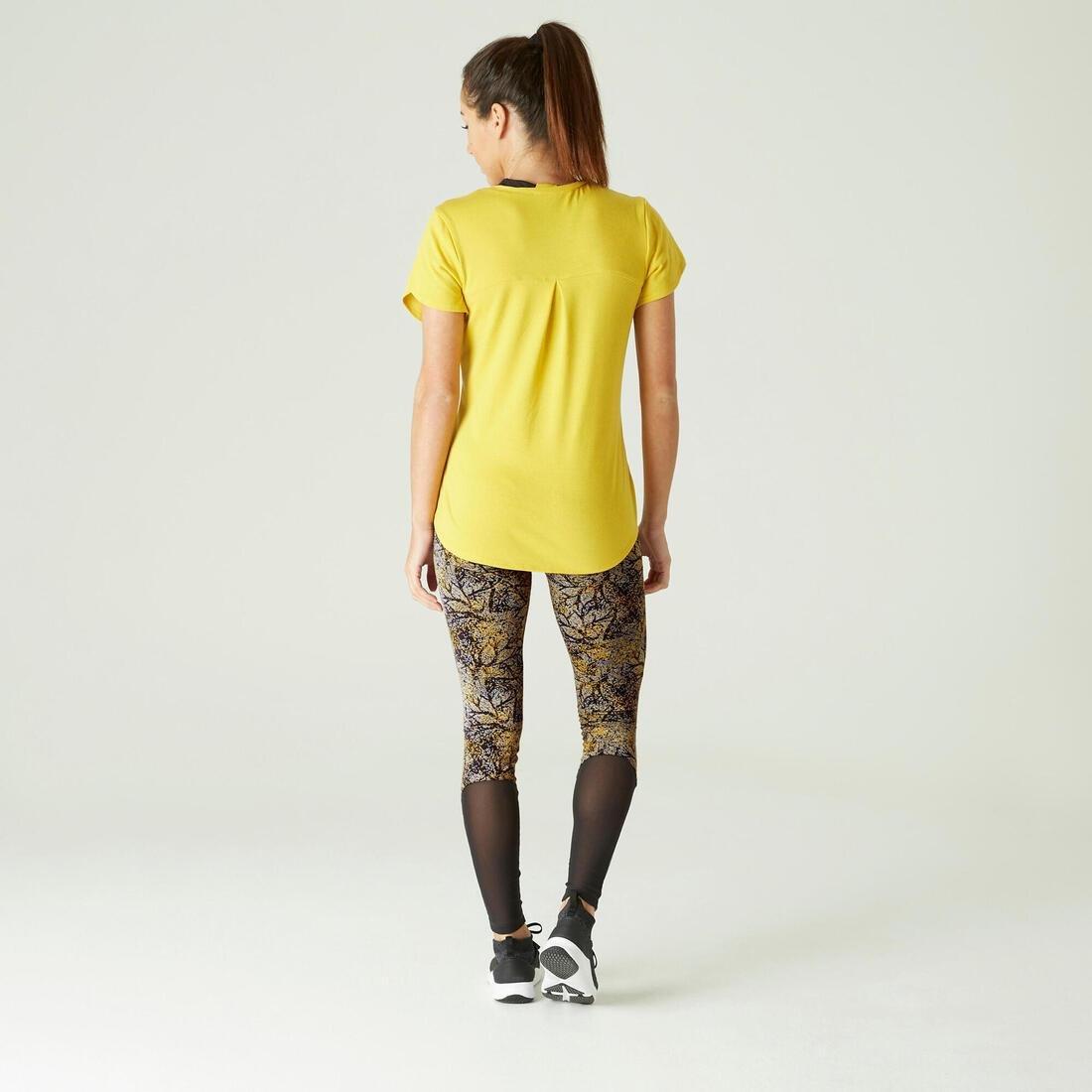 High-Waisted Stretch Cotton Fitness Leggings With Mesh Print, Yellow, No Color, large image number 2