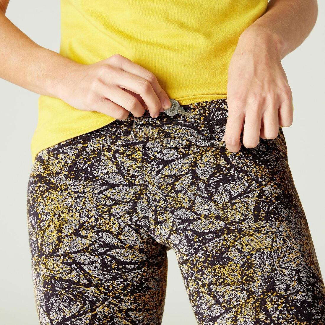 High-Waisted Stretch Cotton Fitness Leggings With Mesh Print, Yellow, No Color, large image number 5