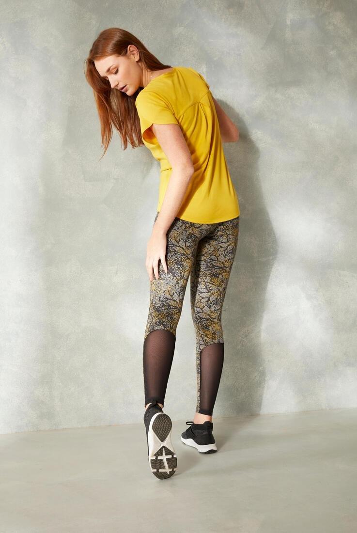 High-Waisted Stretch Cotton Fitness Leggings With Mesh Print, Yellow, No Color, large image number 9