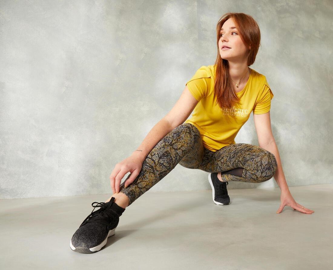 High-Waisted Stretch Cotton Fitness Leggings With Mesh Print, Yellow, No Color, large image number 11