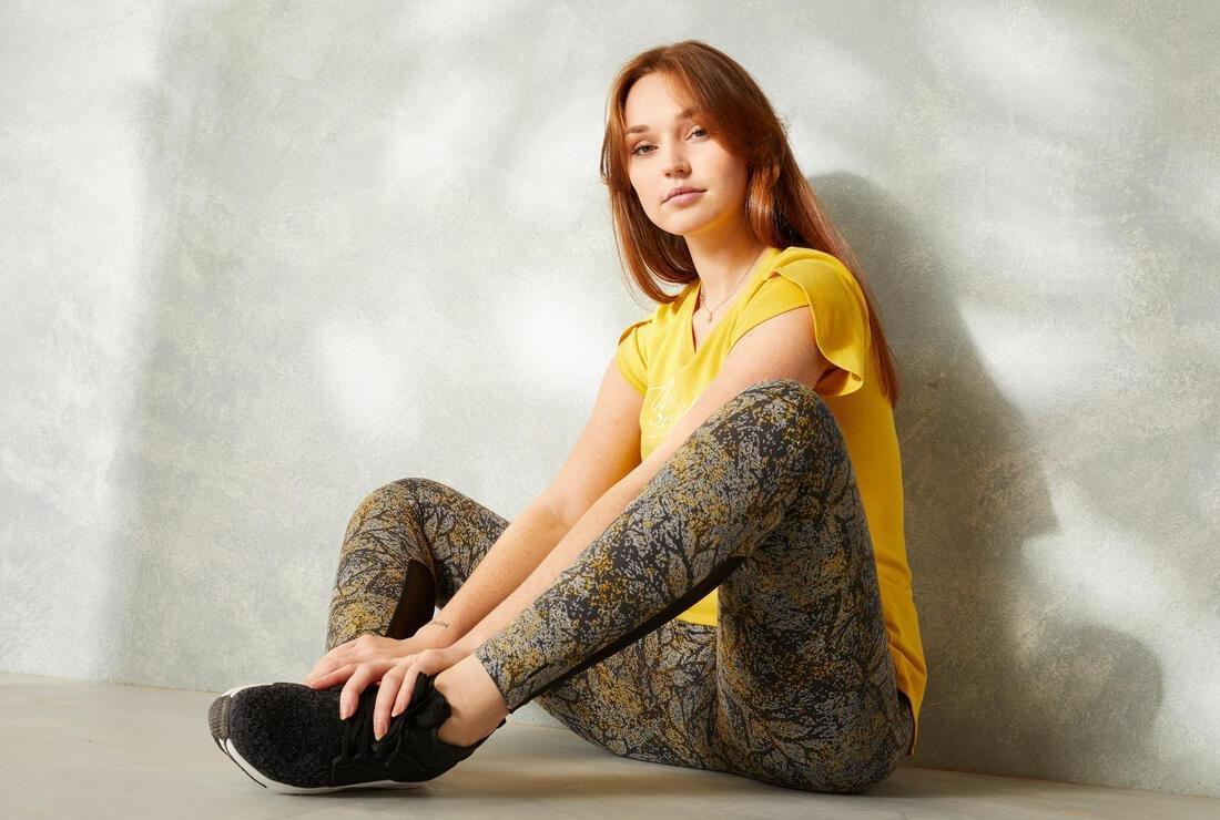 High-Waisted Stretch Cotton Fitness Leggings With Mesh Print, Yellow, No Color, large image number 13