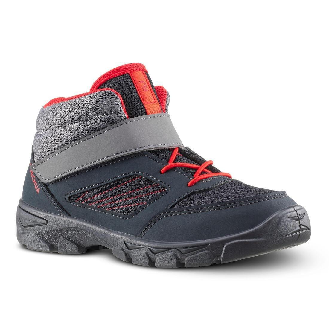 QUECHUA - Kids Boy Hiking Shoes With Rip-Tab Mh100 Mid From Jr Size 7 To Size 2, Grey