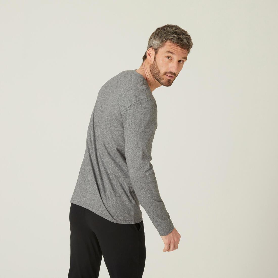 DOMYOS - Men Long-Sleeved Fitness T-Shirt 100, Grey